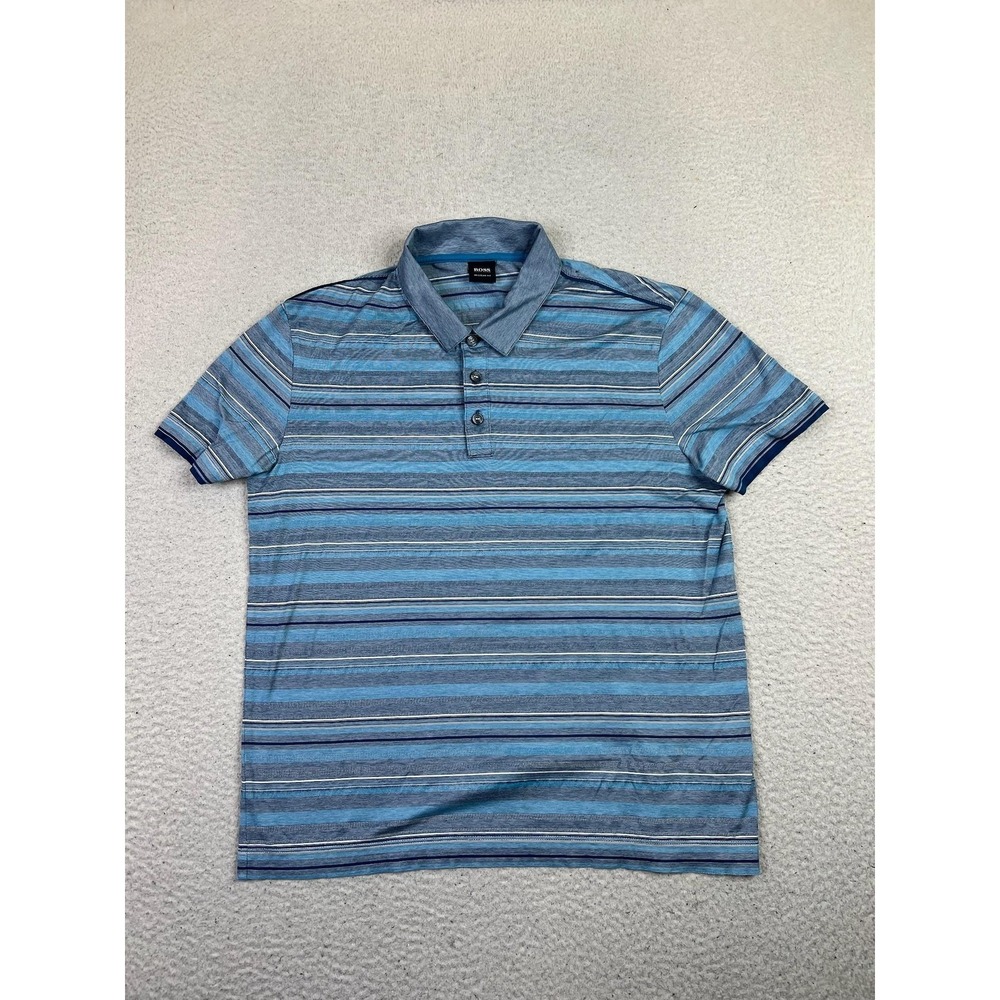 BOSS‎ Hugo Boss Polo Shirt Mens Large Blue Stripe Regular Fit Casual Soft Knit